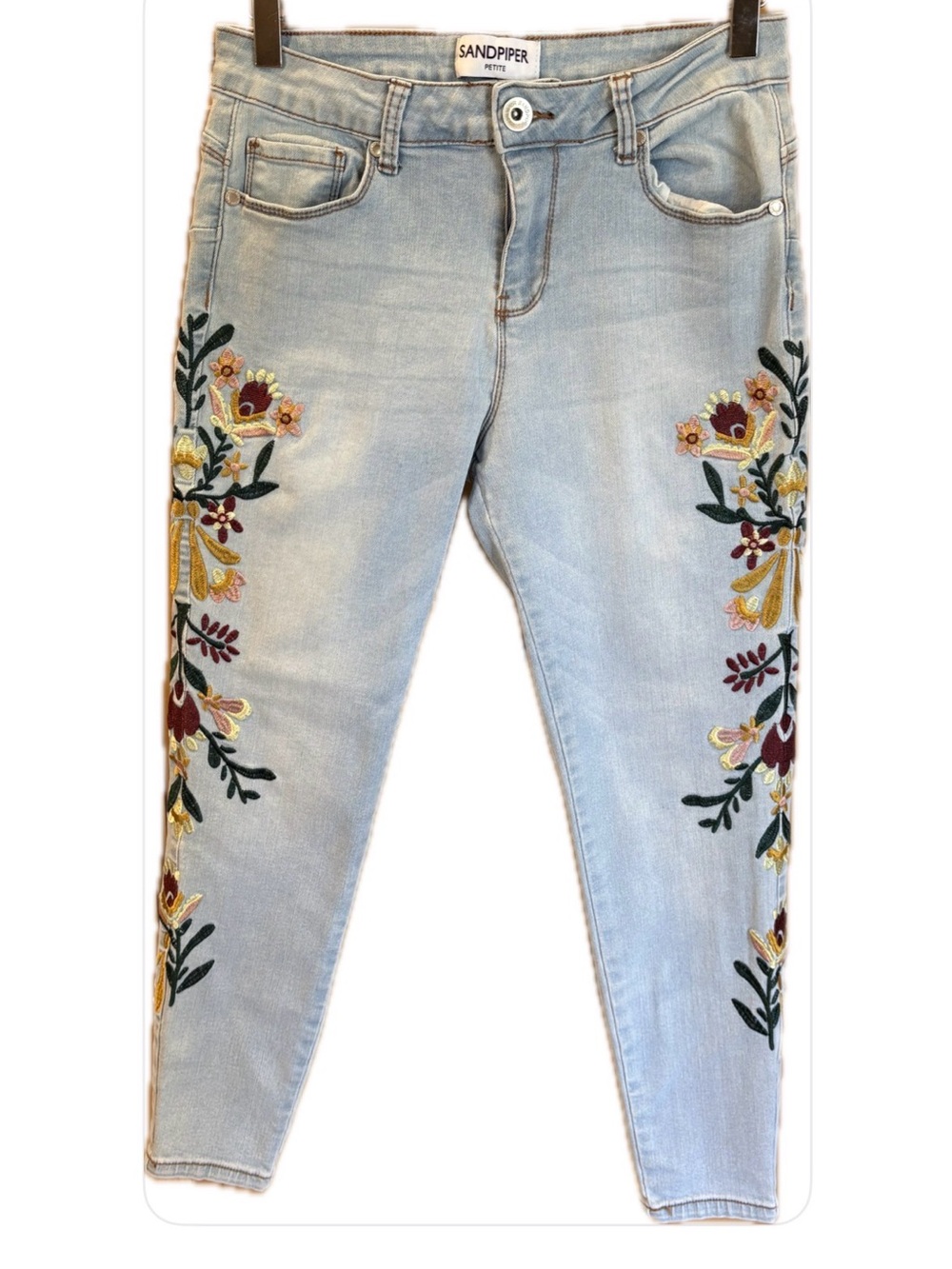 Sandpiper Boho Western Floral Embroidered Stretch Ankle Skinny Lt Wash Jeans 4P